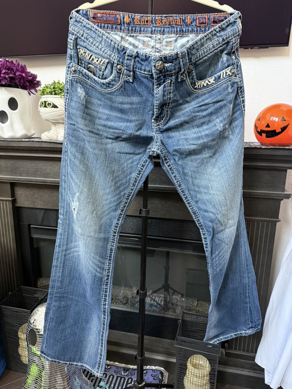 Y2K Rock Revival Jeans Dustin Boot Blue Denim 34x33 Distressed Embroidered 90βs